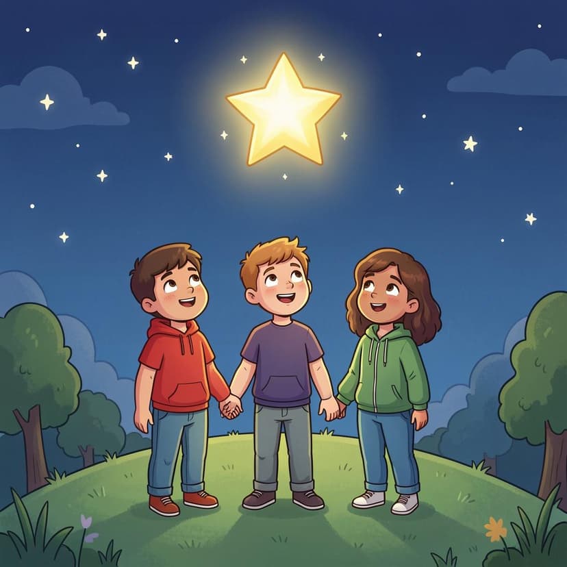 A group of happy friends looking toward a bright star in the night sky with hopeful expressions.
