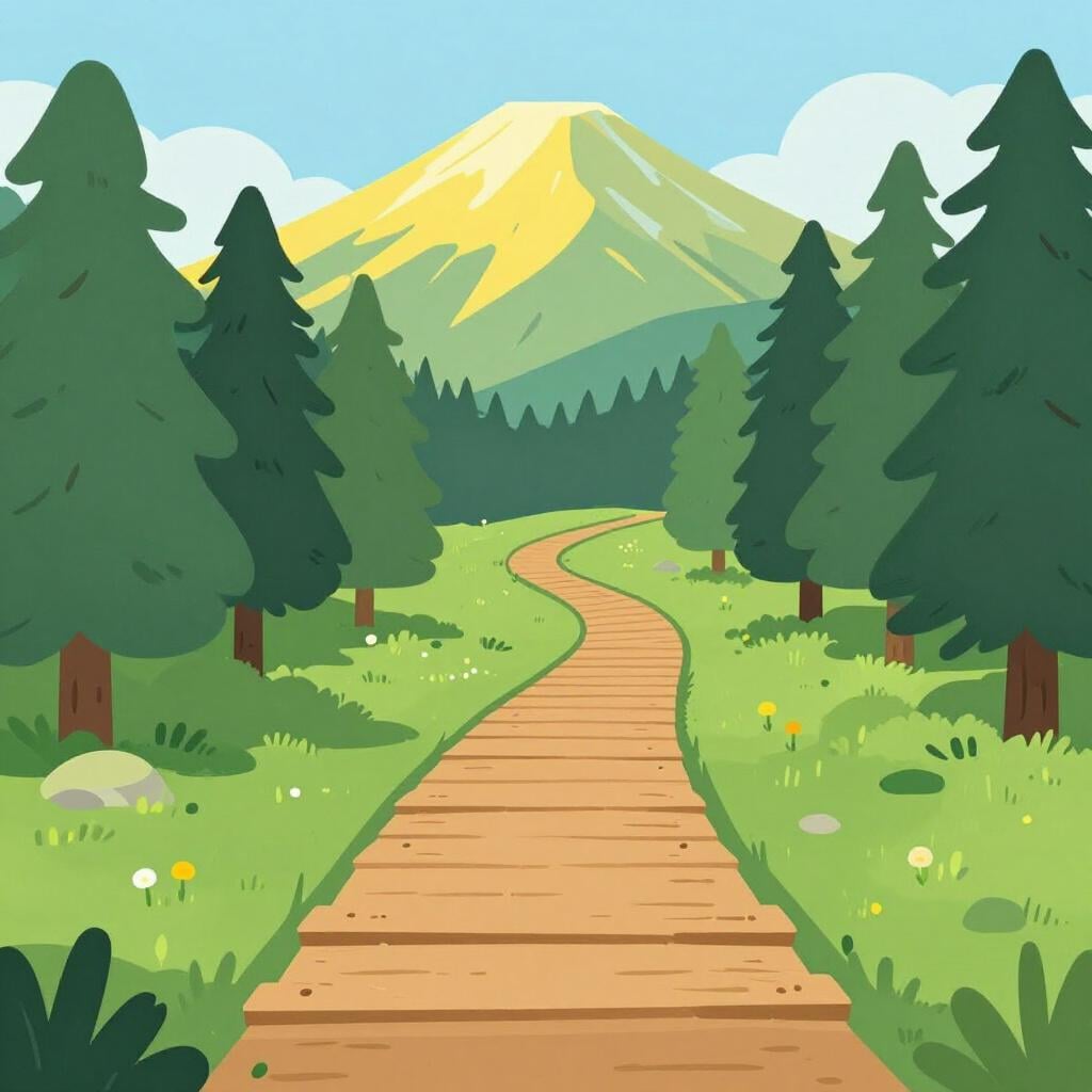 Een houten pad dat door een bos leidt naar een heldere, verre bergtop.