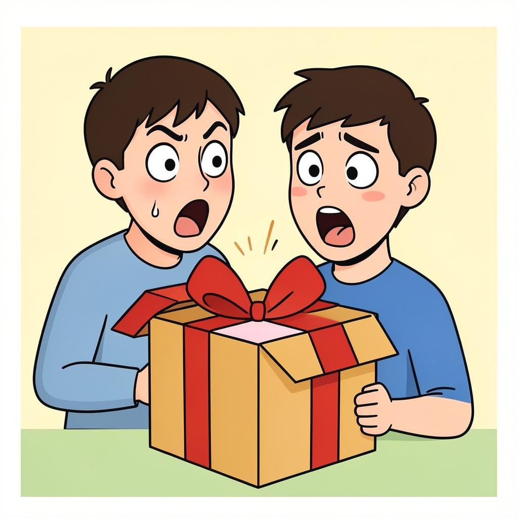 A person with wide eyes and hands on their cheeks looking at a surprise gift box.