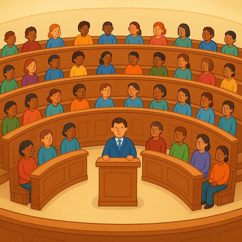 A simple illustration showing the interior of a legislative chamber. Rows of seated figures face a central podium where a speaker is standing.