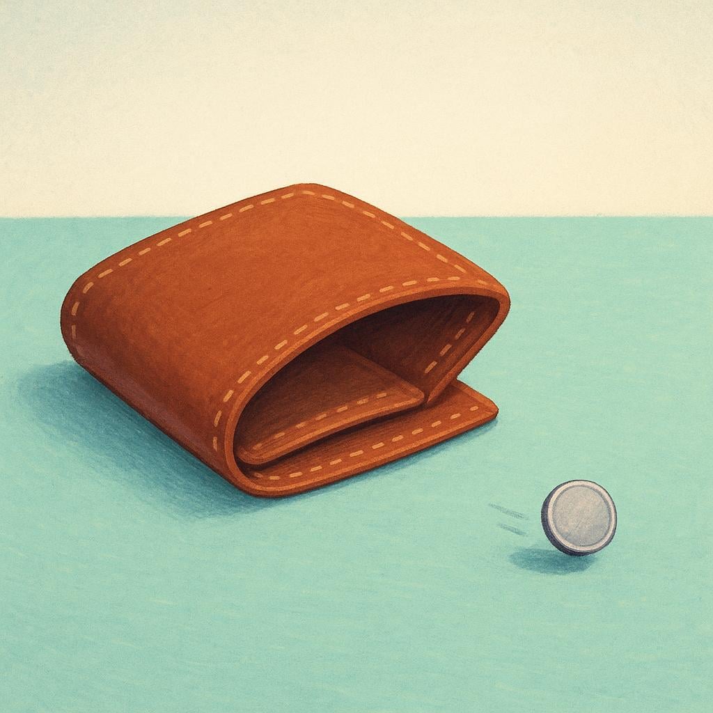 A small, empty, overturned wallet with a single coin rolling away, symbolizing lack of money.