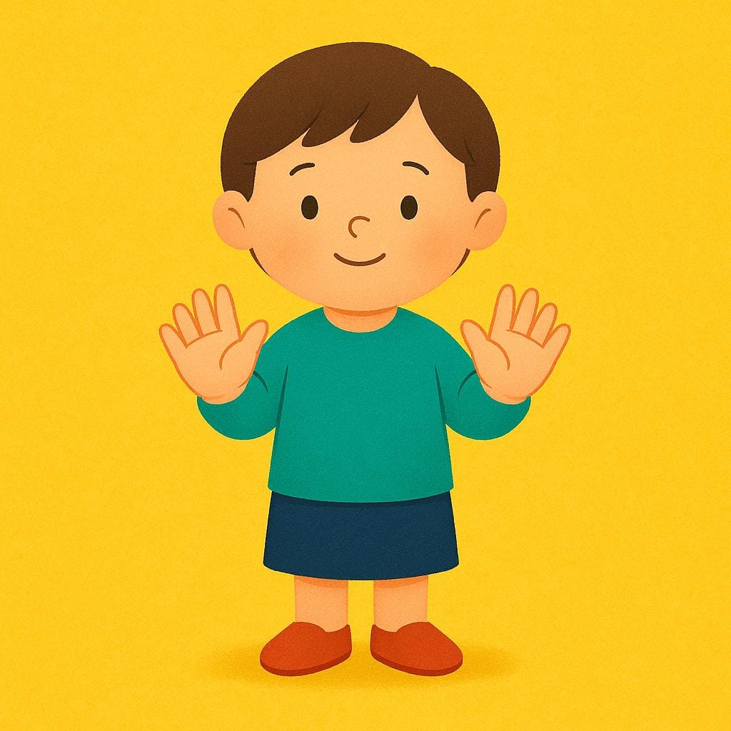 A simple, colorful storybook illustration showing a small, stylized figure holding both hands up with palms facing forward, signaling a clear request for space or a pause.