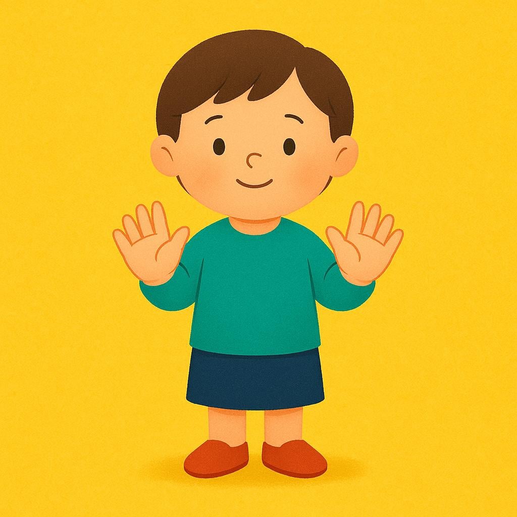 A simple, colorful storybook illustration showing a small, stylized figure holding both hands up with palms facing forward, signaling a clear request for space or a pause.
