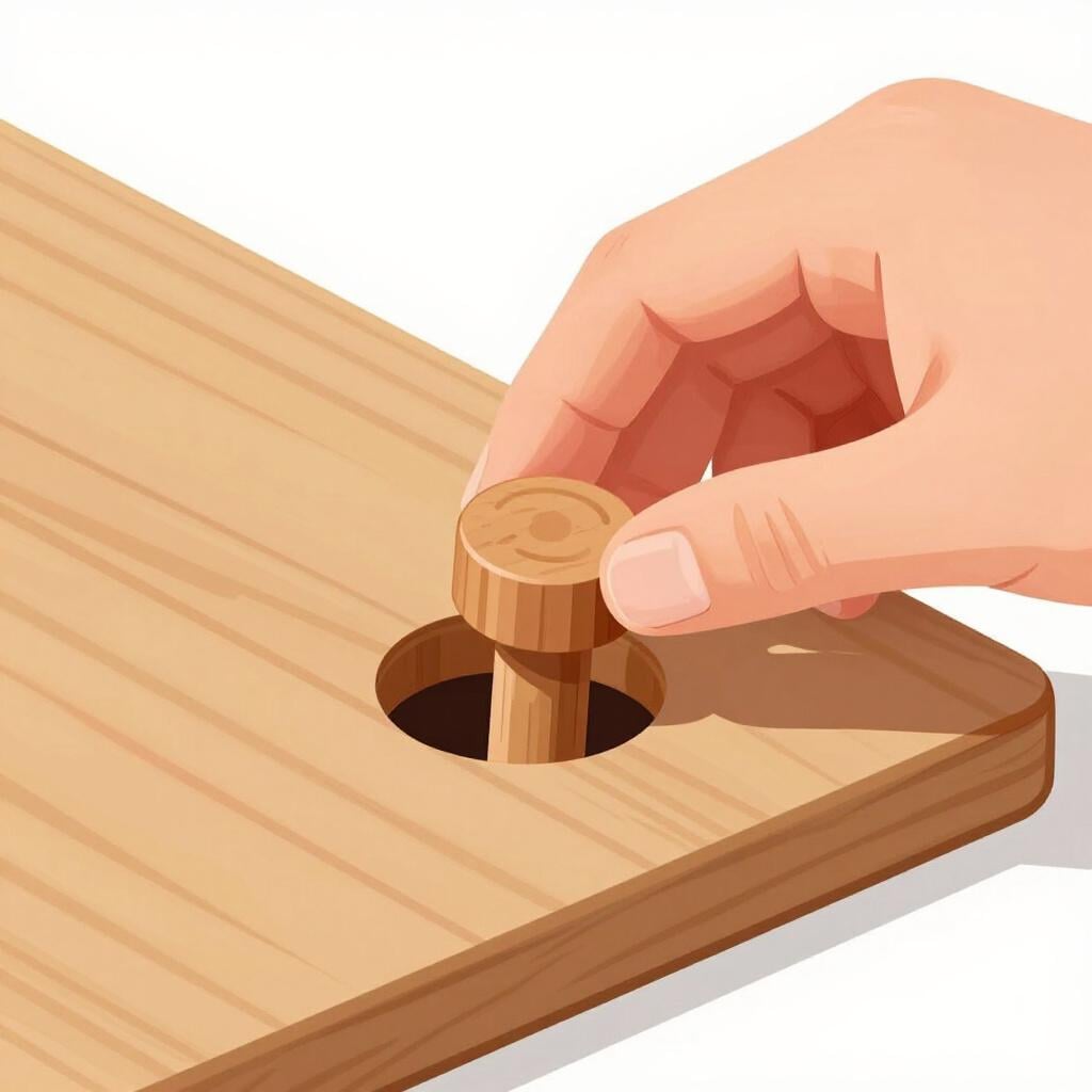 A small wooden peg being placed into a matching round hole.
