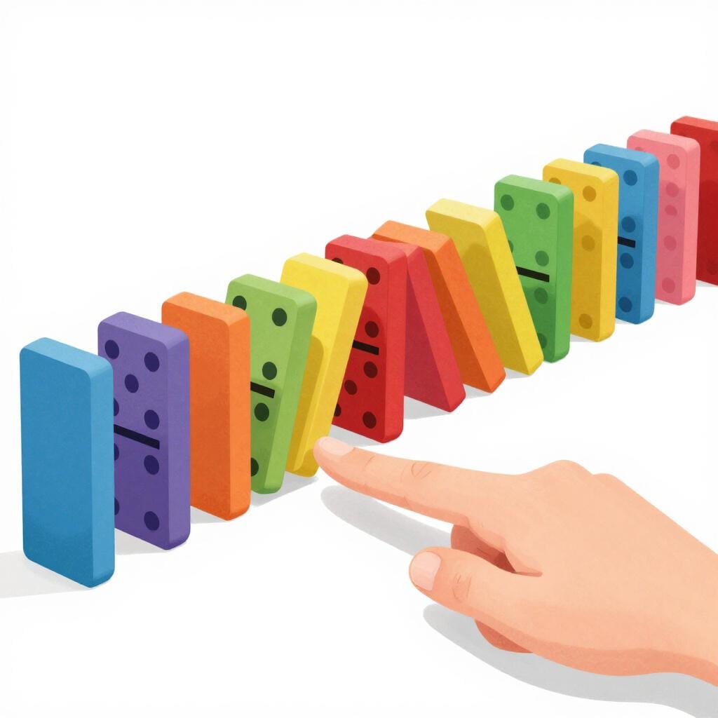 A finger pushing the first domino in a long row of colorful dominoes, causing them to fall one by one.