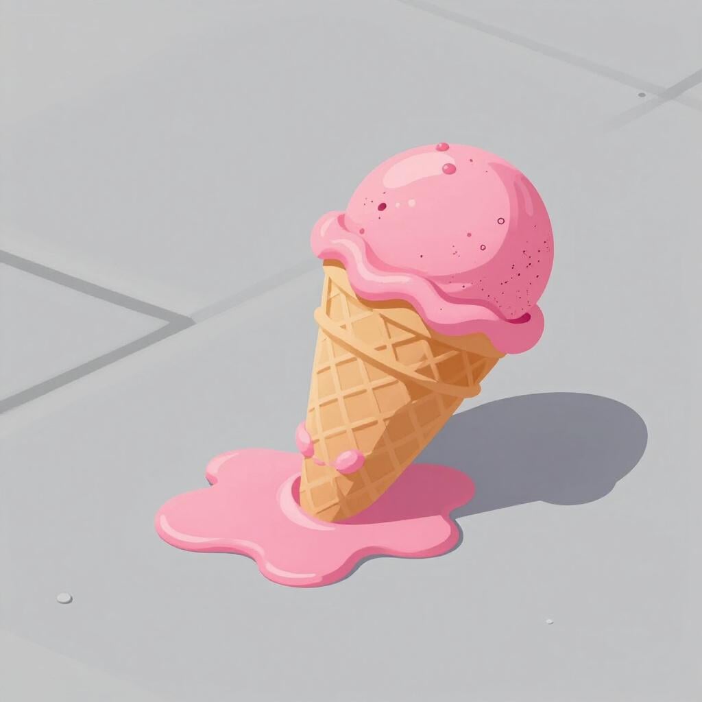 A colorful storybook illustration of a melting ice cream cone lying on a sidewalk.