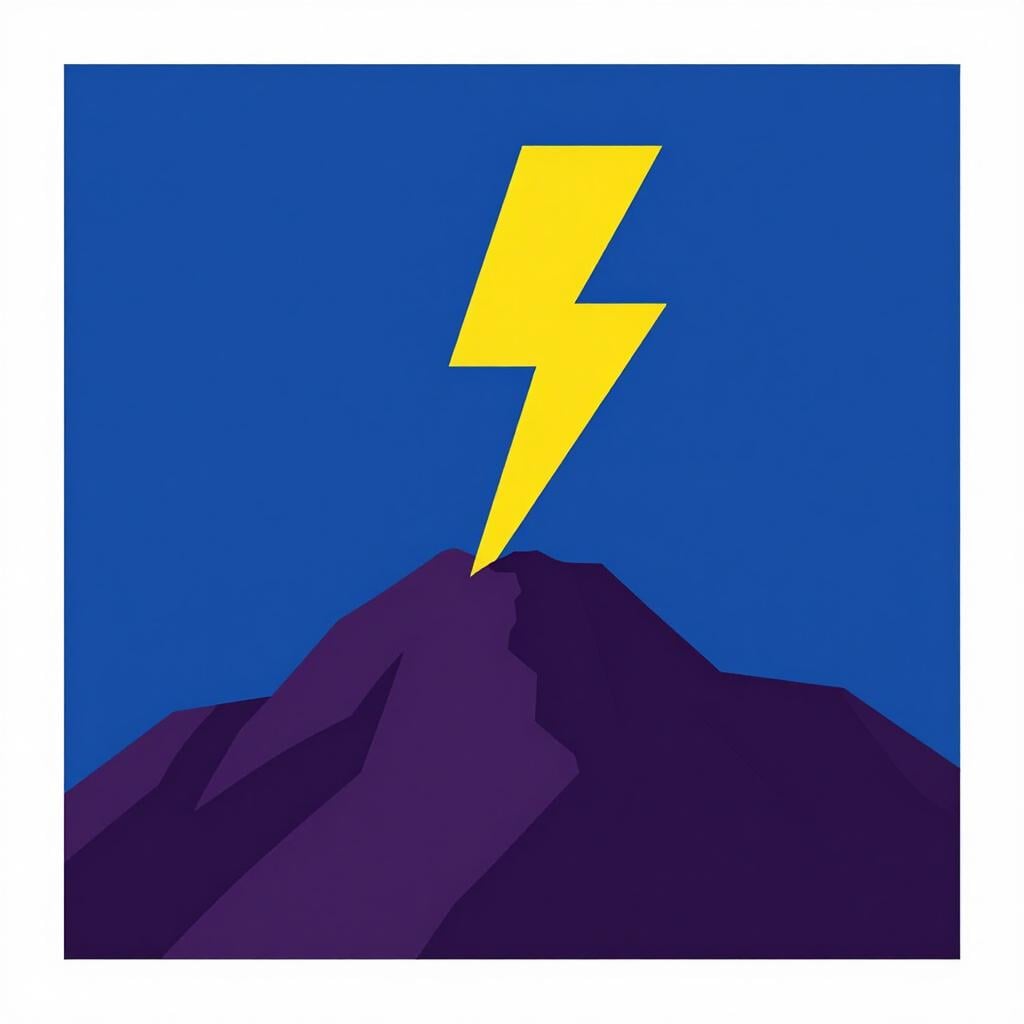 A vibrant, bright yellow lightning bolt striking a single, dark purple mountain peak against a deep blue sky.