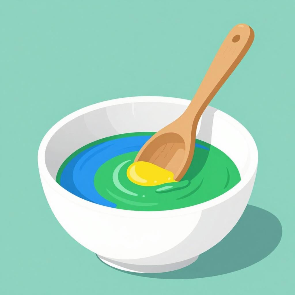A wooden spoon stirring colorful paints together in a large white bowl.