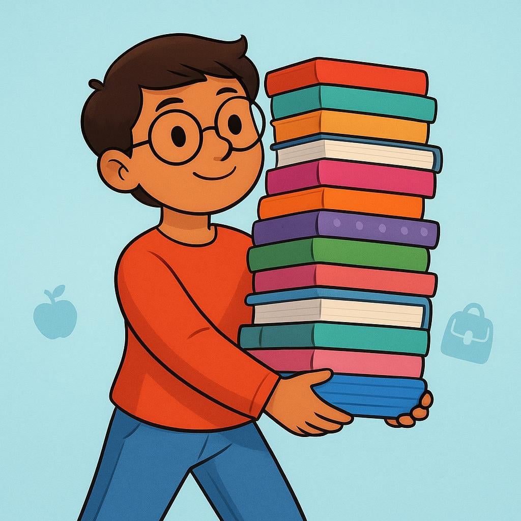 A colorful storybook illustration of a smiling young person wearing glasses and confidently holding a large stack of colorful books, representing being knowledgeable.