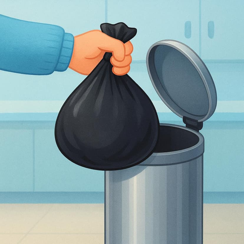 A cartoon character taking a tied garbage bag out of a kitchen trash can, illustrating the concept of removing something from a container.