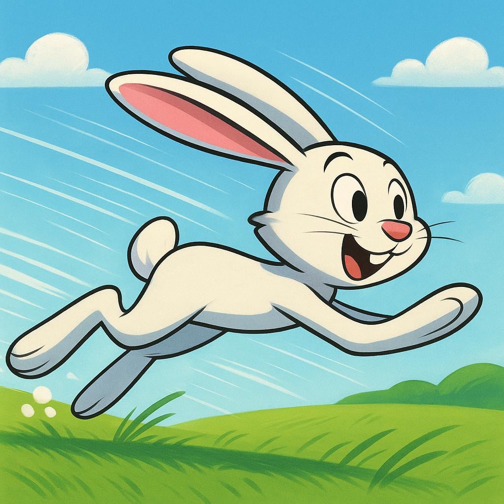 A cartoon rabbit running extremely fast across a grassy field, shown with exaggerated motion lines indicating high speed.