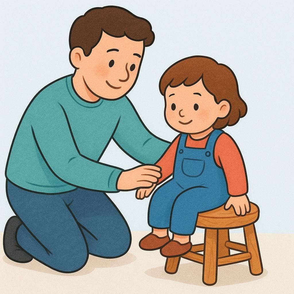 Um adulto está guiando gentilmente uma criança pequena para se sentar em um banquinho de madeira.