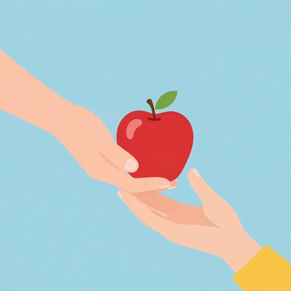 A person handing a bright red apple to another person.