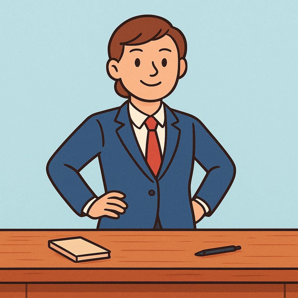 A friendly, simply drawn character wearing a professional suit, standing confidently behind a large, minimalist desk, representing a person in management.