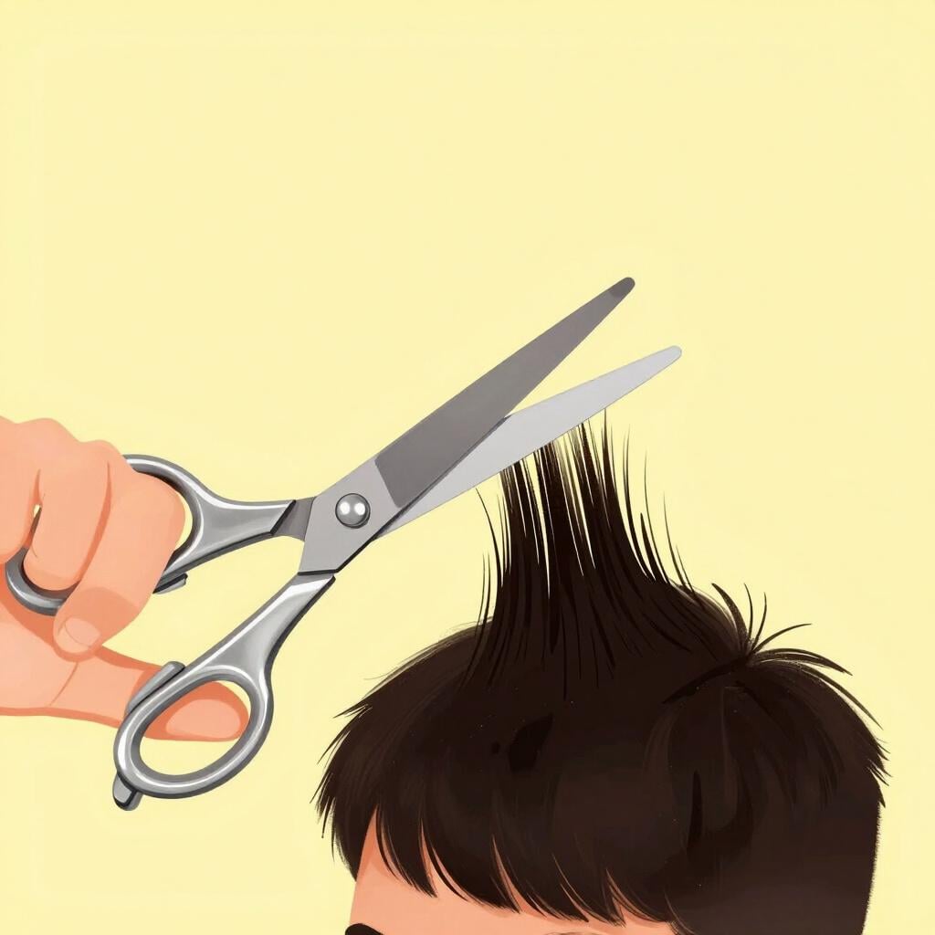 A pair of silver scissors cutting a lock of brown hair.