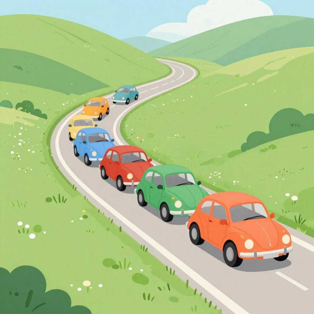 A long line of brightly colored cars stopped on a winding road.