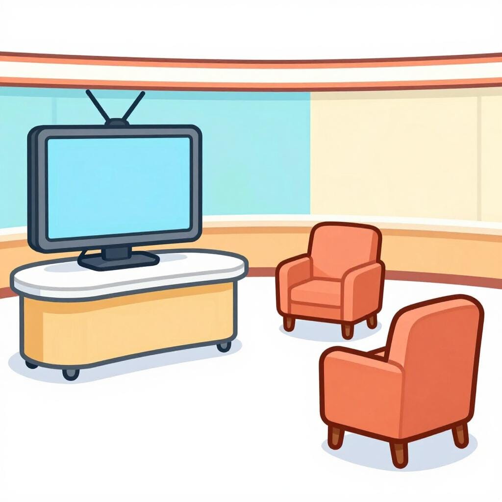 A colorful stage set with a talk show desk and two comfortable chairs under bright lights.