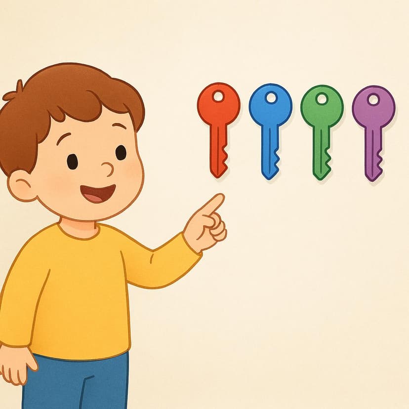 A child with wide eyes points at a cluster of five colorful keys hanging from a hook on a bright wall.