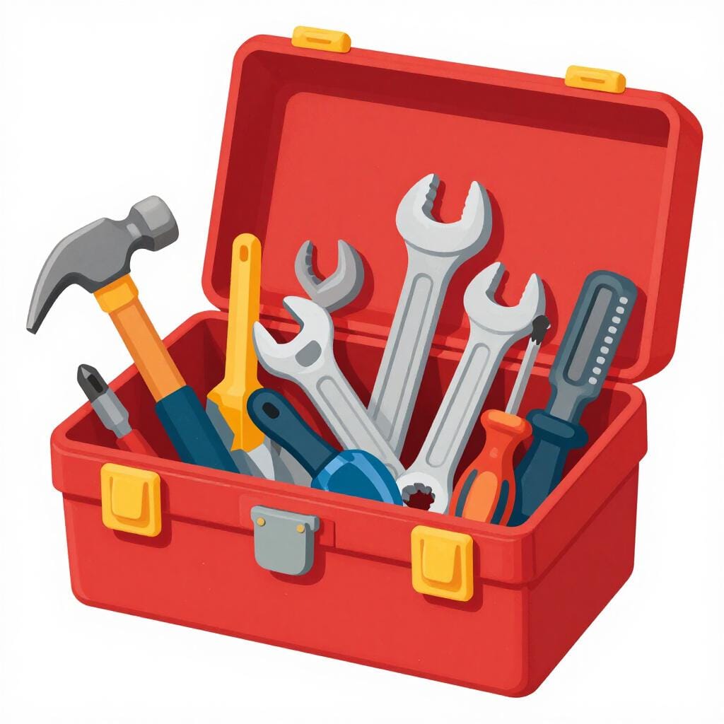 Ein großer Werkzeugkasten, gefüllt mit einer breiten Palette vieler verschiedener Werkzeuge.