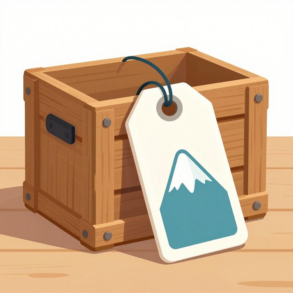 A wooden crate with a colorful luggage tag showing a mountain peak, suggesting it originated from a specific far-off place.