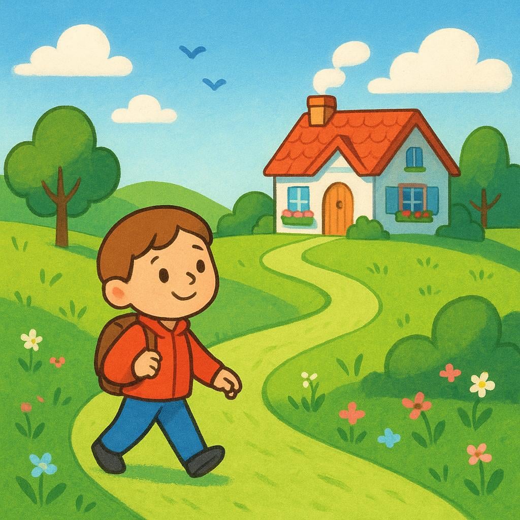 A brightly colored storybook illustration showing a cheerful figure walking along a winding path toward a colorful, welcoming cottage visible in the distance.