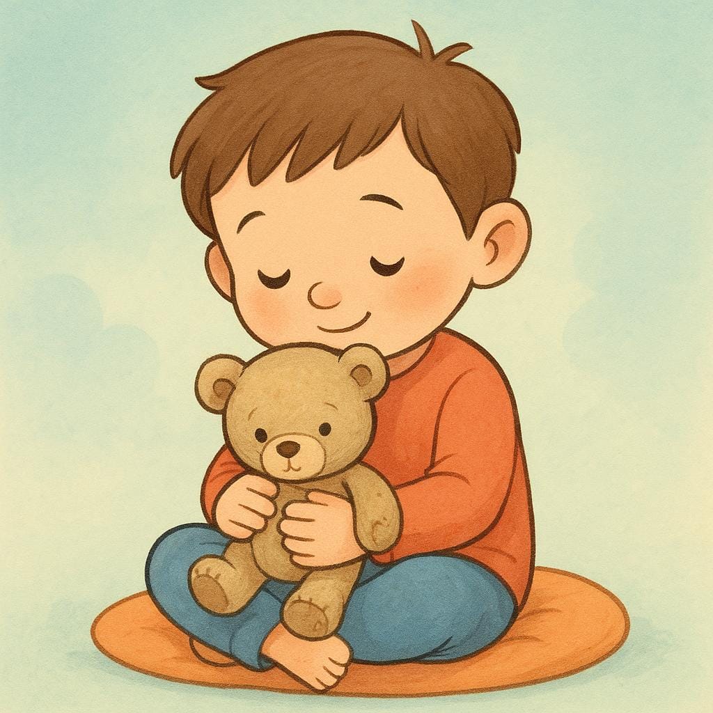 A young child sitting quietly, gently holding a small, slightly worn teddy bear close to their chest, symbolizing a cherished memory.