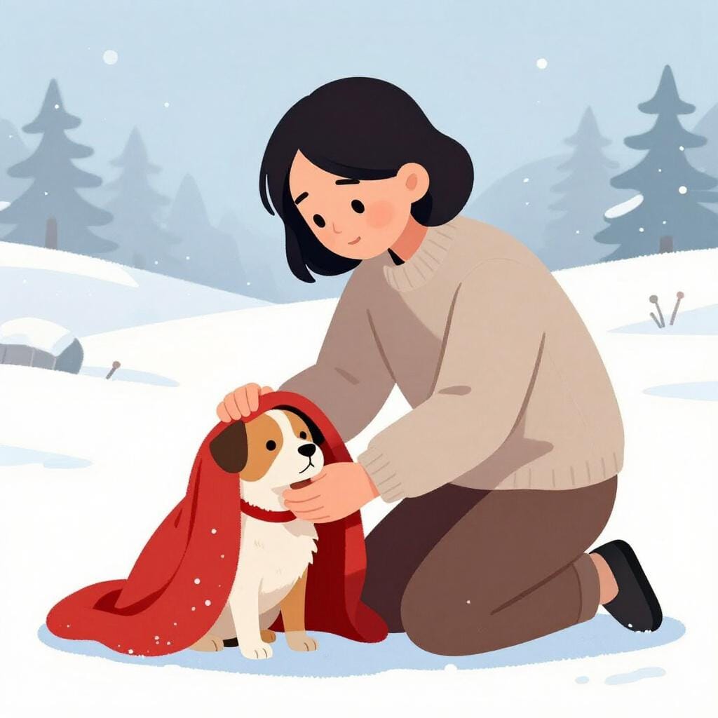 雪の中、小さな震える犬に温かいマントを貸してあげる親切な人。