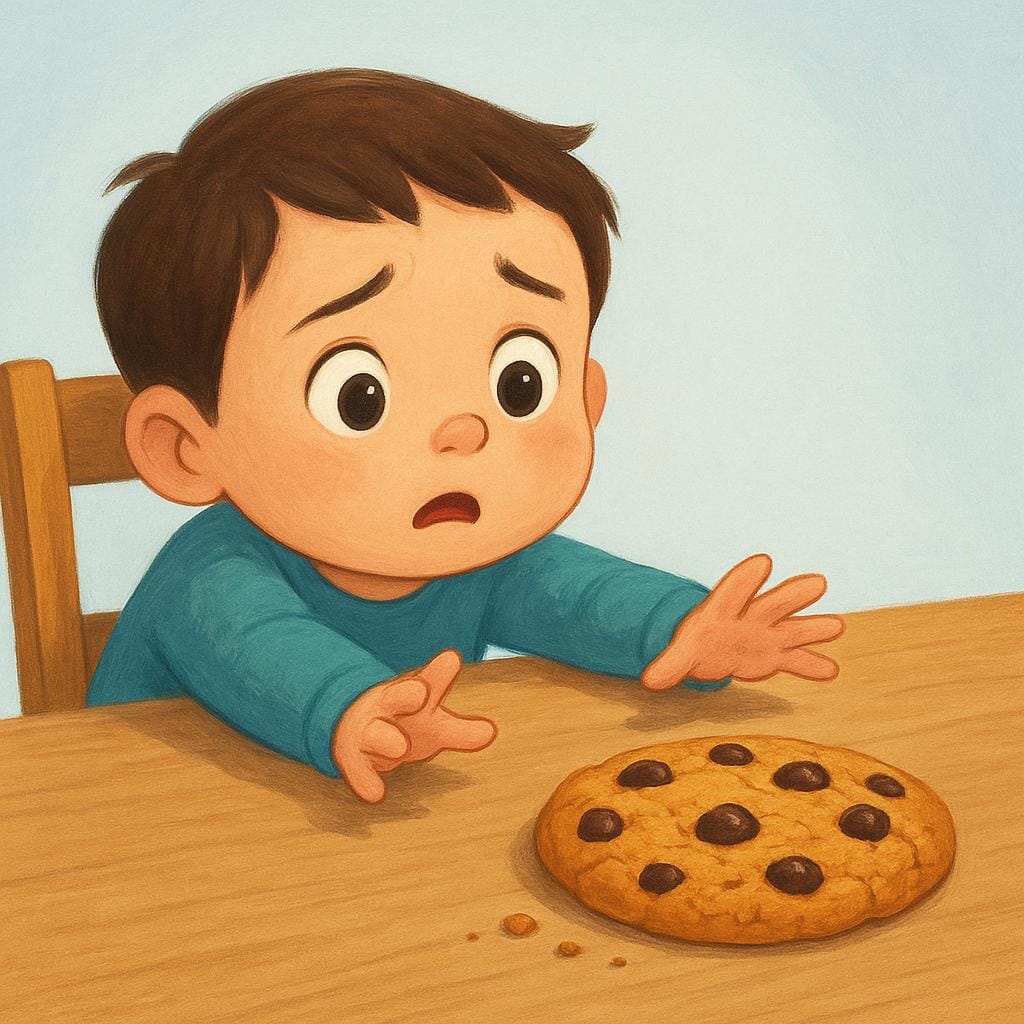 손이 닿지 않는 곳에 놓인 거대한 초콜릿 칩 쿠키에 눈을 크게 뜨고 집중하고 있는, 텅 빈 나무 테이블에 앉아 있는 작고 표현력 있는 아이. 극도의 열망이나 배고픔을 보여준다.