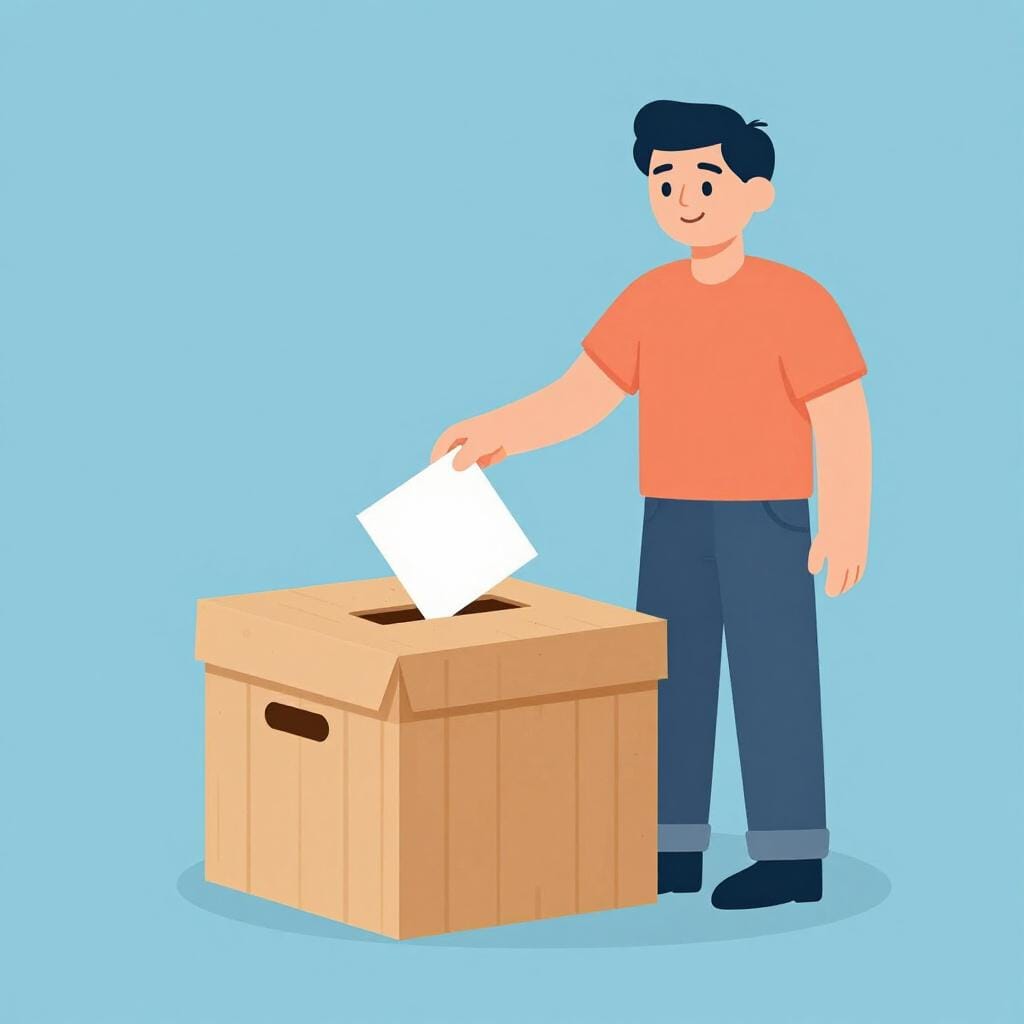 A person smiling and dropping a folded paper ballot into a simple wooden box.