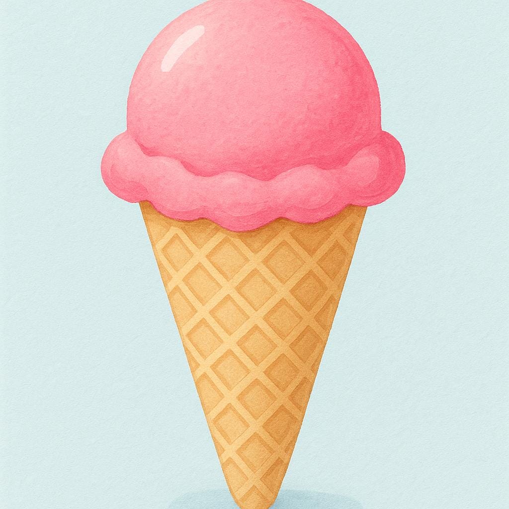 A scoop of pink strawberry ice cream melting slightly in a crisp waffle cone.