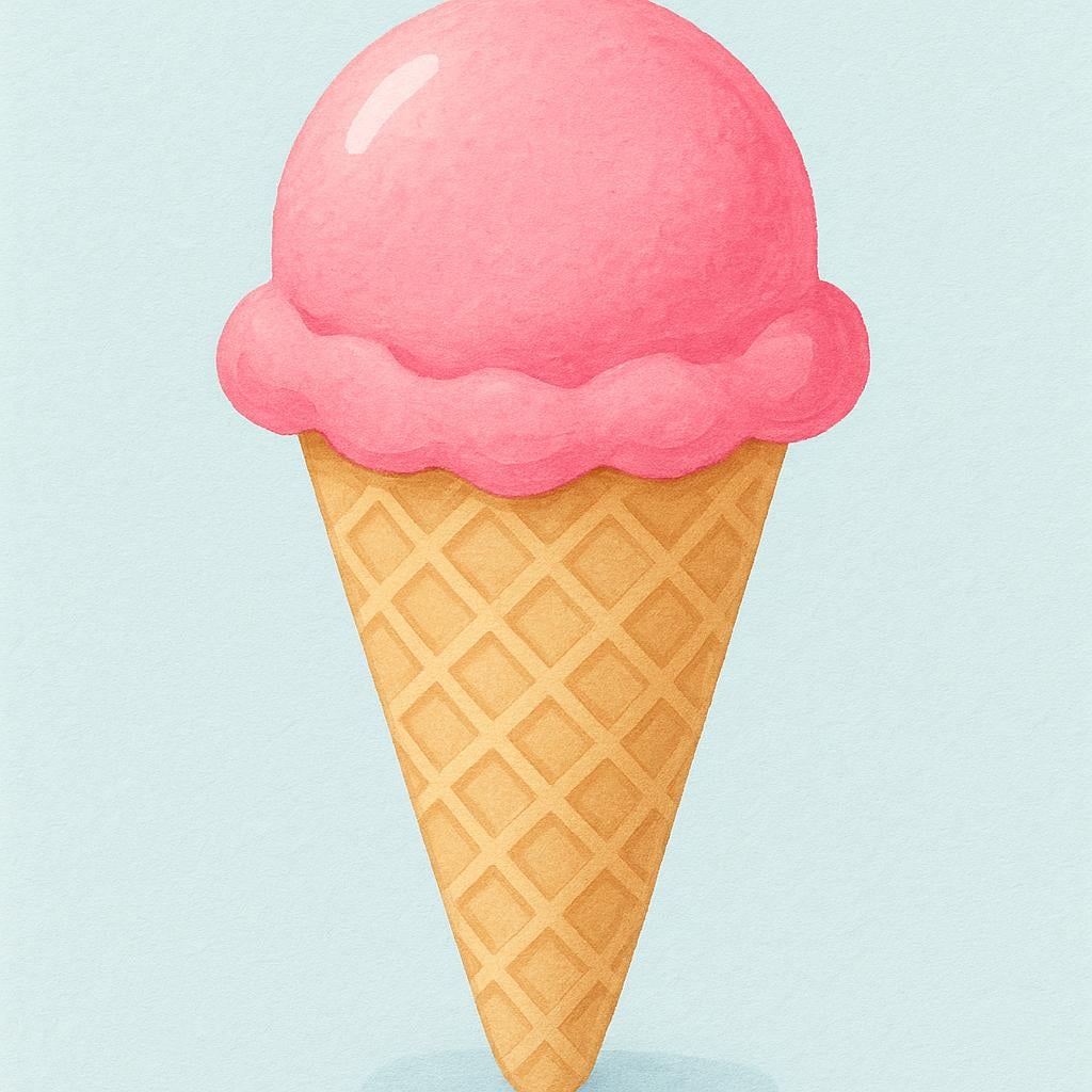 A scoop of pink strawberry ice cream melting slightly in a crisp waffle cone.