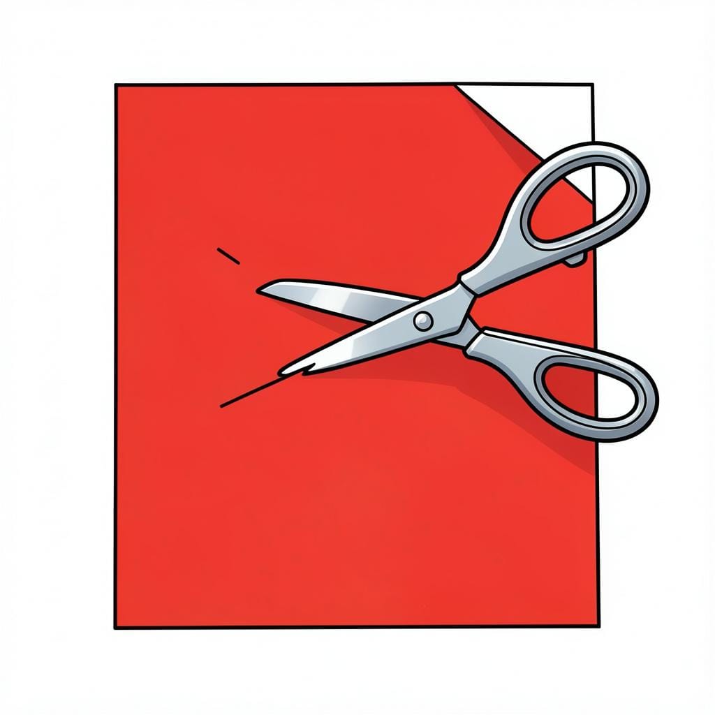 A pair of shiny metal scissors cutting through a bright piece of red paper.
