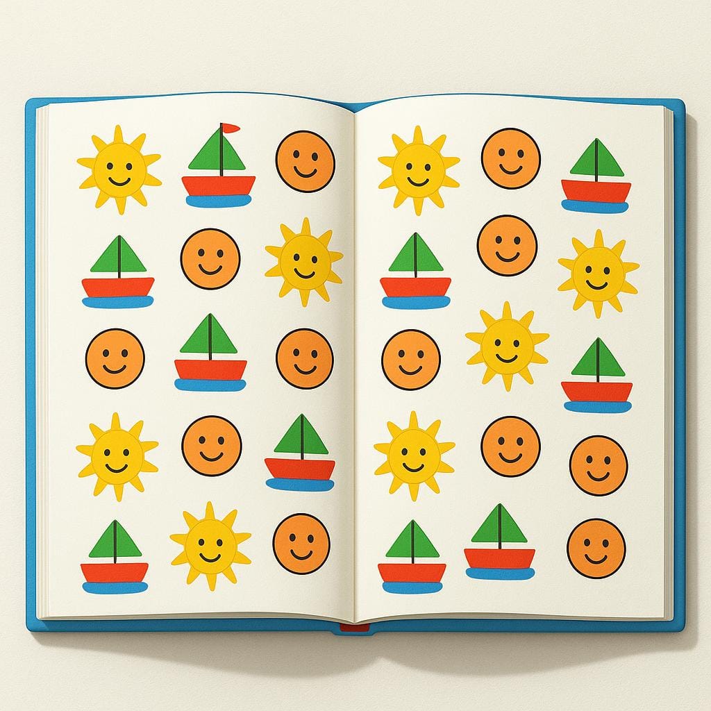An open, colorful storybook lying flat. The pages are filled with small, distinct, simple illustrations of a sun, a boat, and a smiling face, representing content.