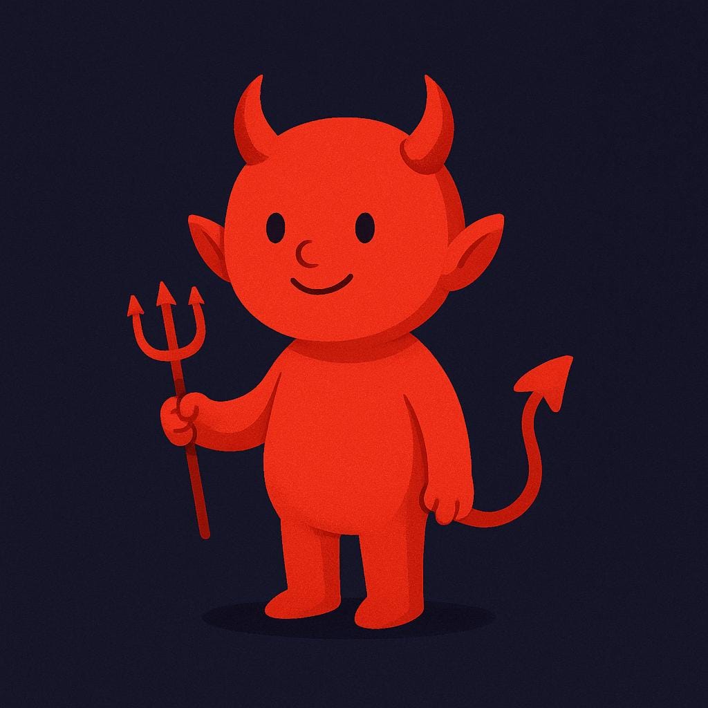 A simplistic cartoon-like depiction of a red devil with horns, a pointed tail, and a pitchfork.