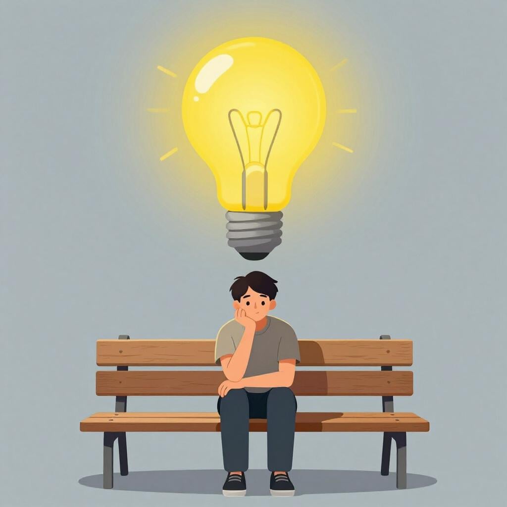 Een persoon zit alleen op een eenvoudige bank, met de kin in de hand ter overpeinzing. Boven hun hoofd zweeft een grote, gestileerde, gloeiende gele gloeilamp, die een voltooide gedachte of idee symboliseert.