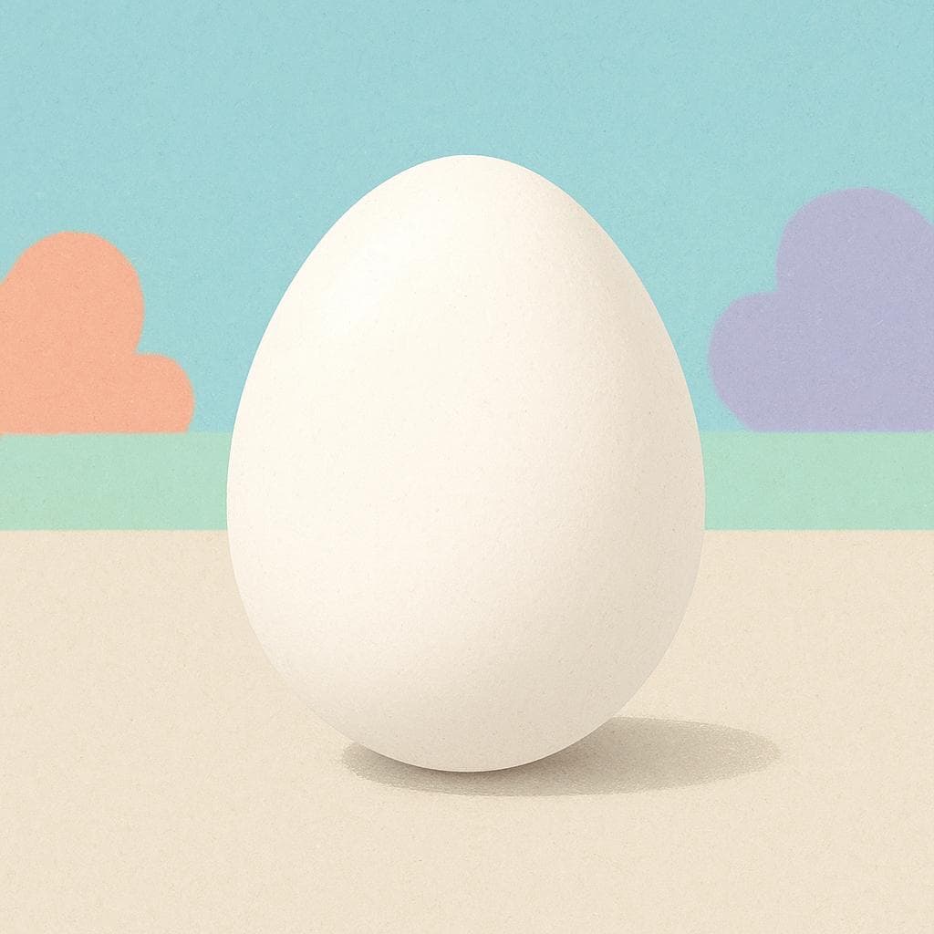 A single, perfect white chicken egg resting on a plain neutral surface.