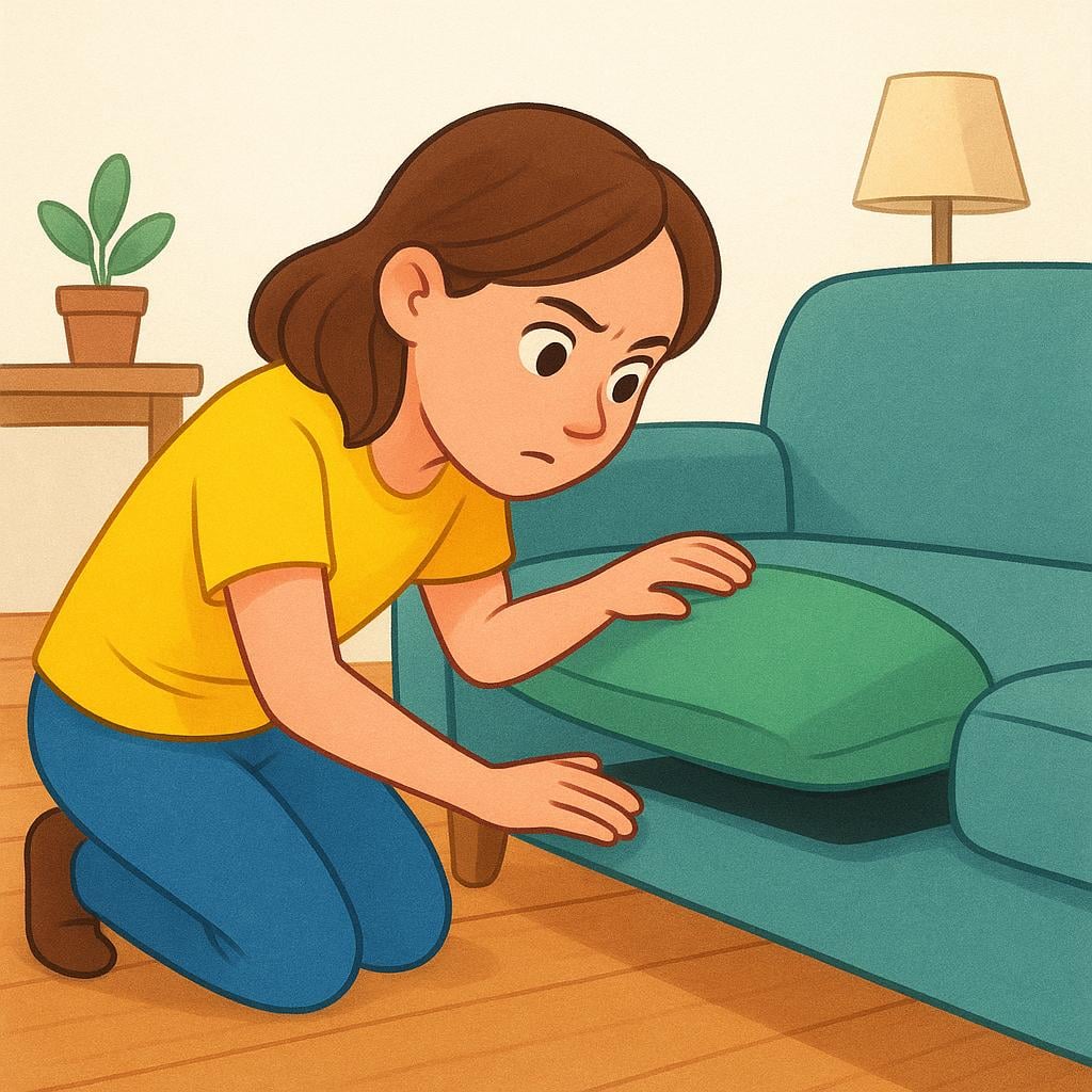 A young woman wearing a yellow shirt is kneeling beside a sofa, actively lifting a green cushion and peering underneath it with a focused expression, searching for a lost item.