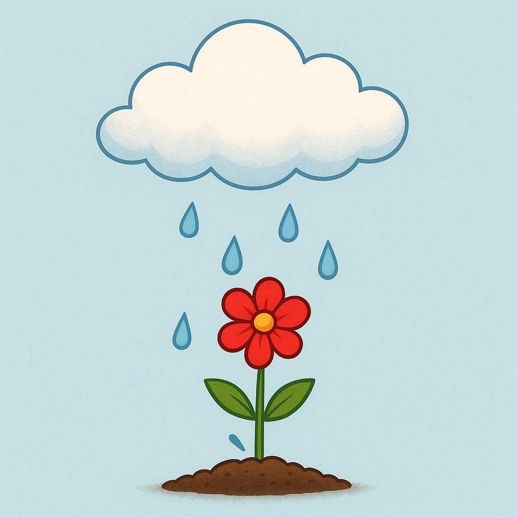 A simple illustration showing a rain cloud above, with raindrops clearly falling onto a single flower blooming brightly below, illustrating cause and effect.