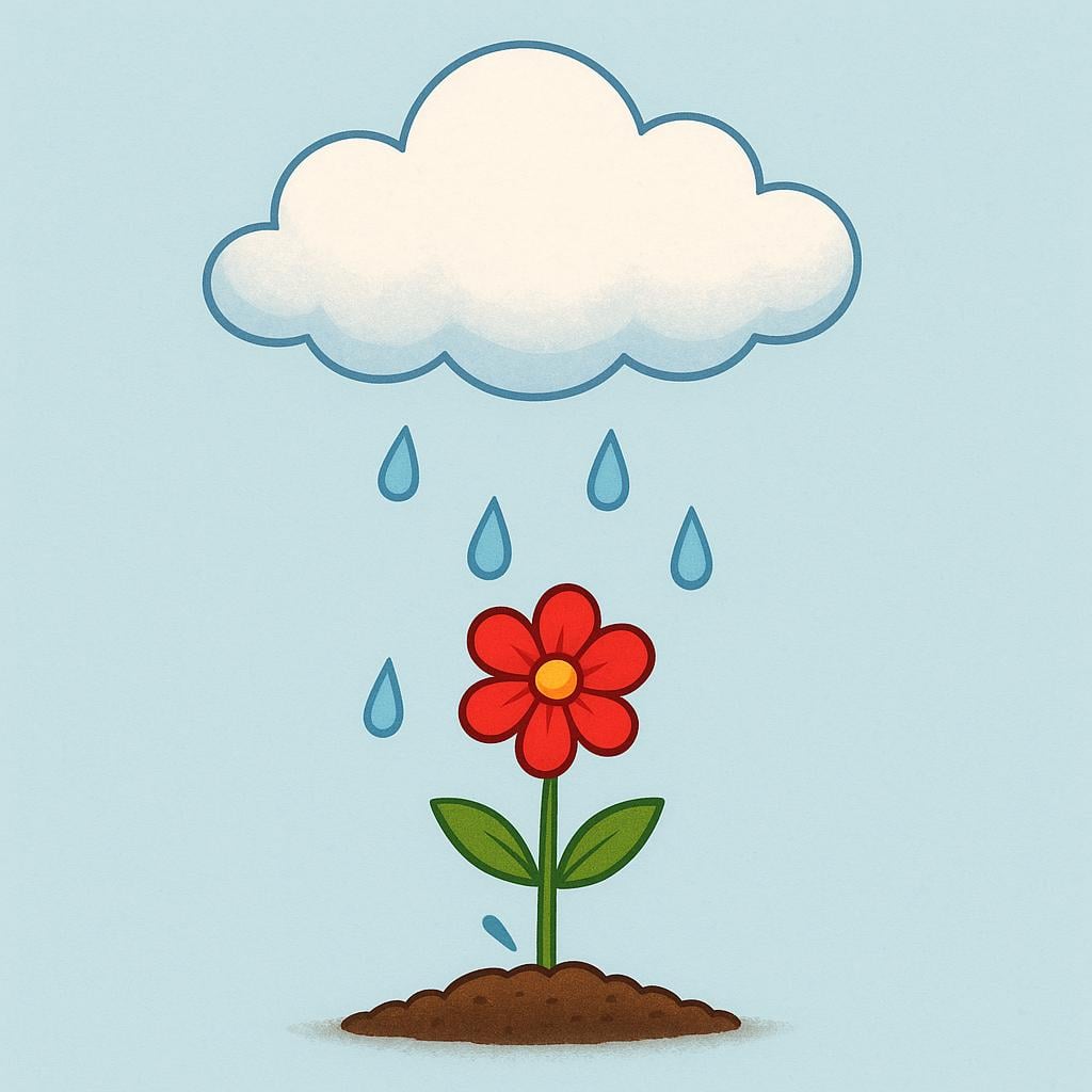 A simple illustration showing a rain cloud above, with raindrops clearly falling onto a single flower blooming brightly below, illustrating cause and effect.