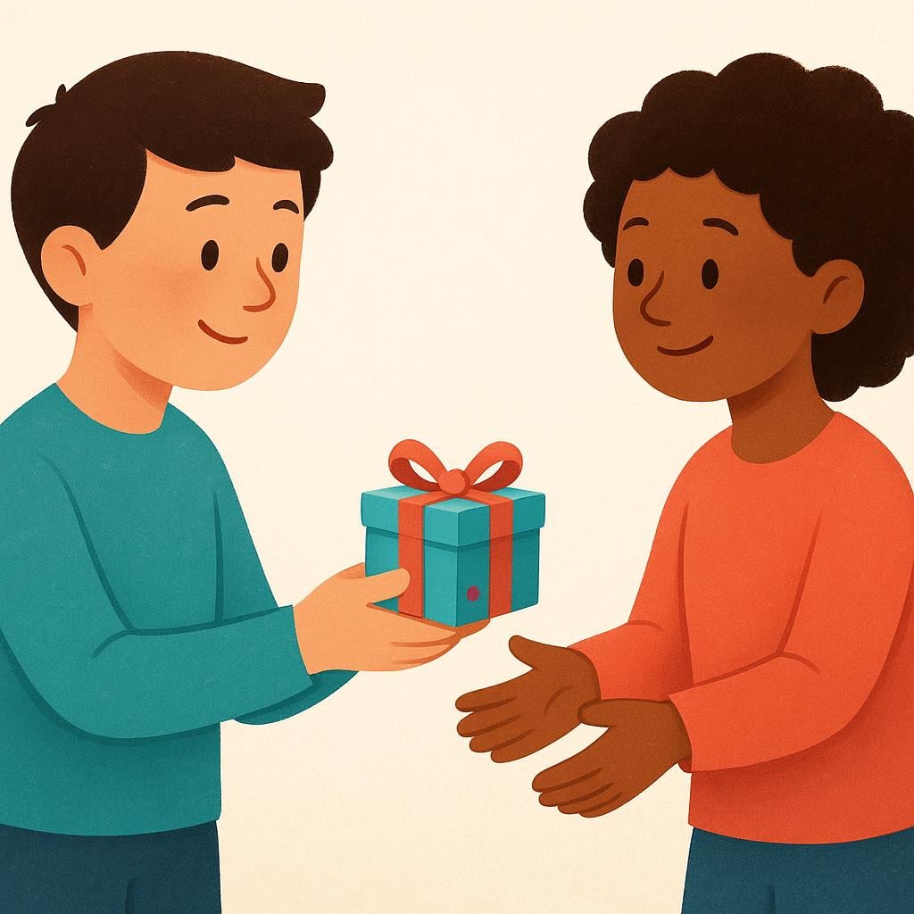One person extending their hand to physically give a wrapped gift to another person who is waiting to receive it.