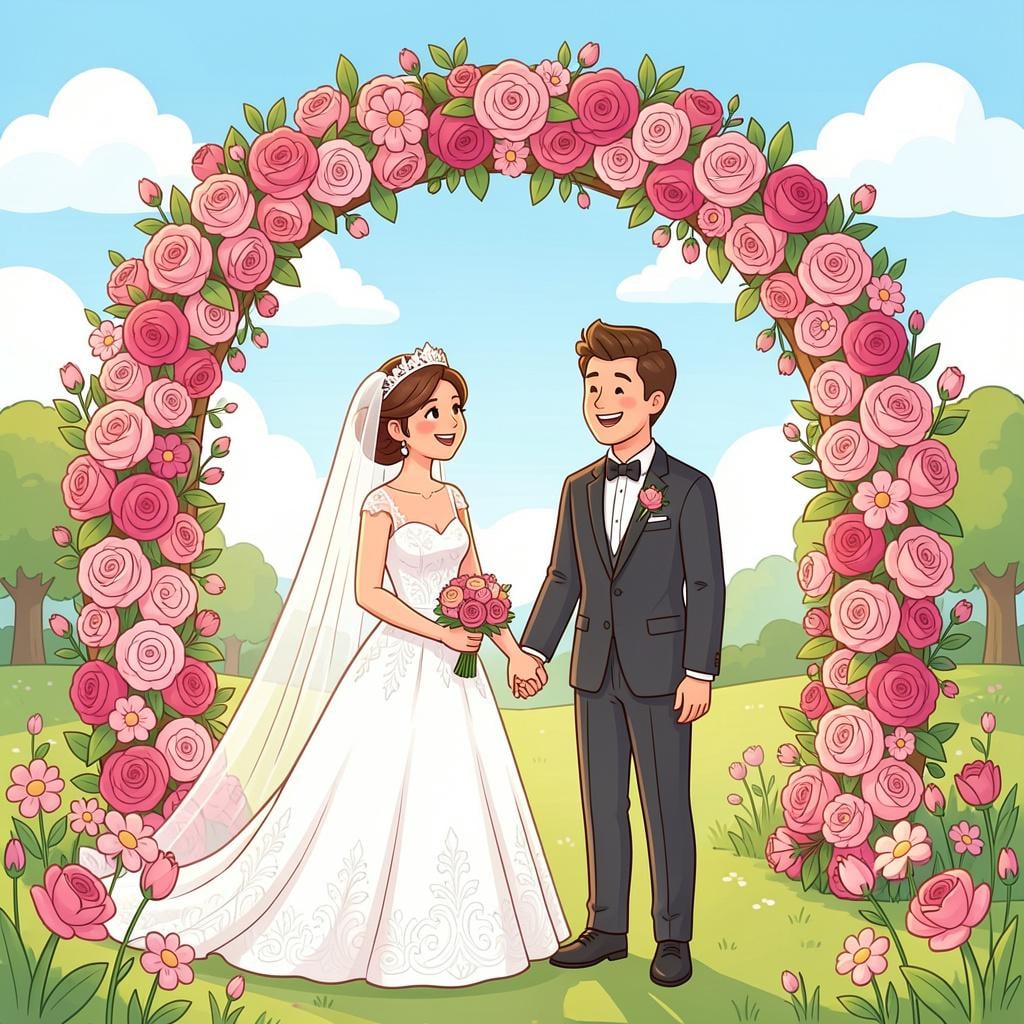 A happy person in a formal suit and a happy person in a white dress holding hands under a floral arch.