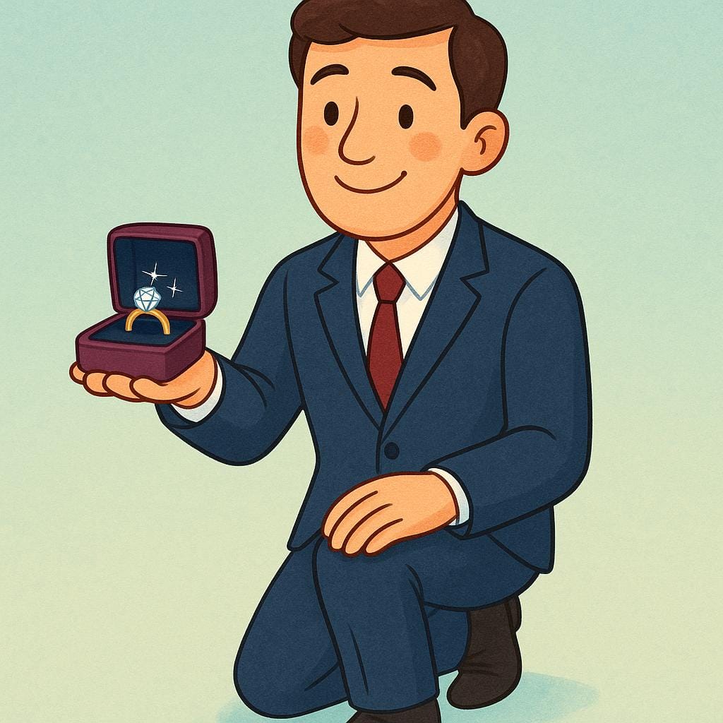 A man in formal attire smiling happily while holding a small jewelry box containing an engagement ring.