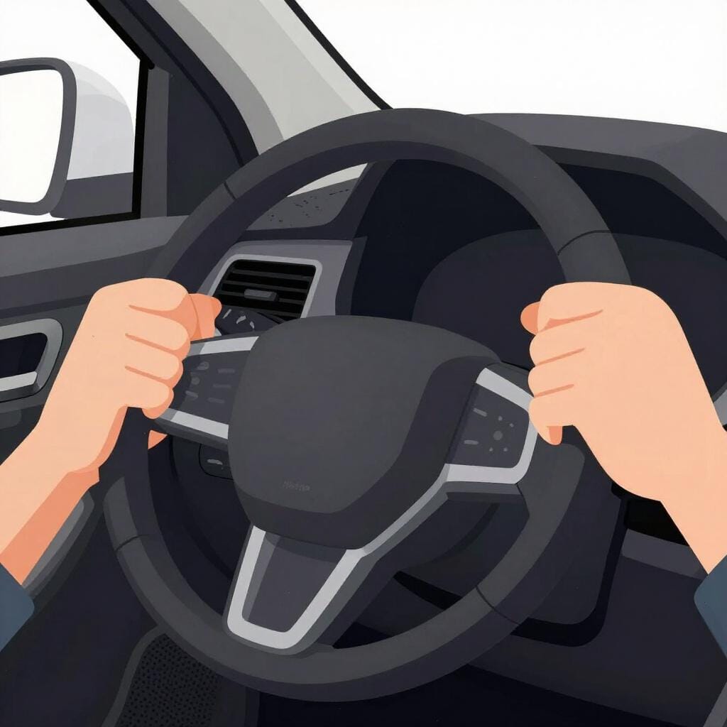 Um par de mãos segurando firmemente o volante preto de um carro.