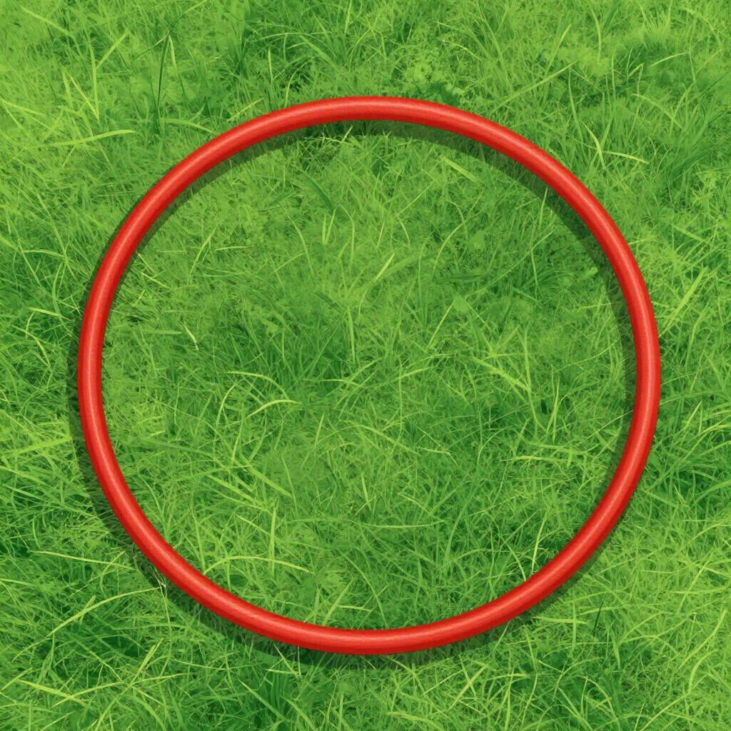 A bright red plastic hoop resting on green grass.