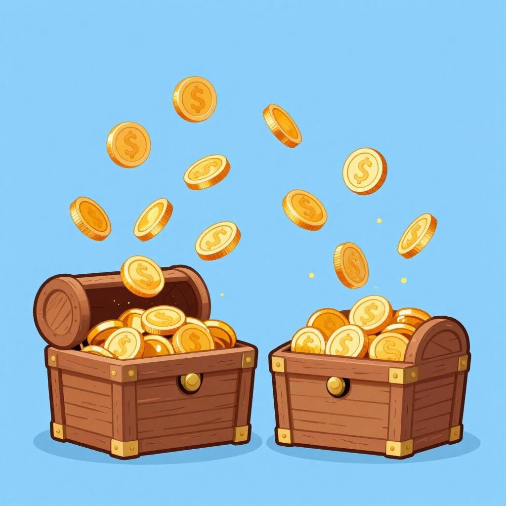 A colorful illustration showing a shower of gold coins moving from one open wooden chest to another.