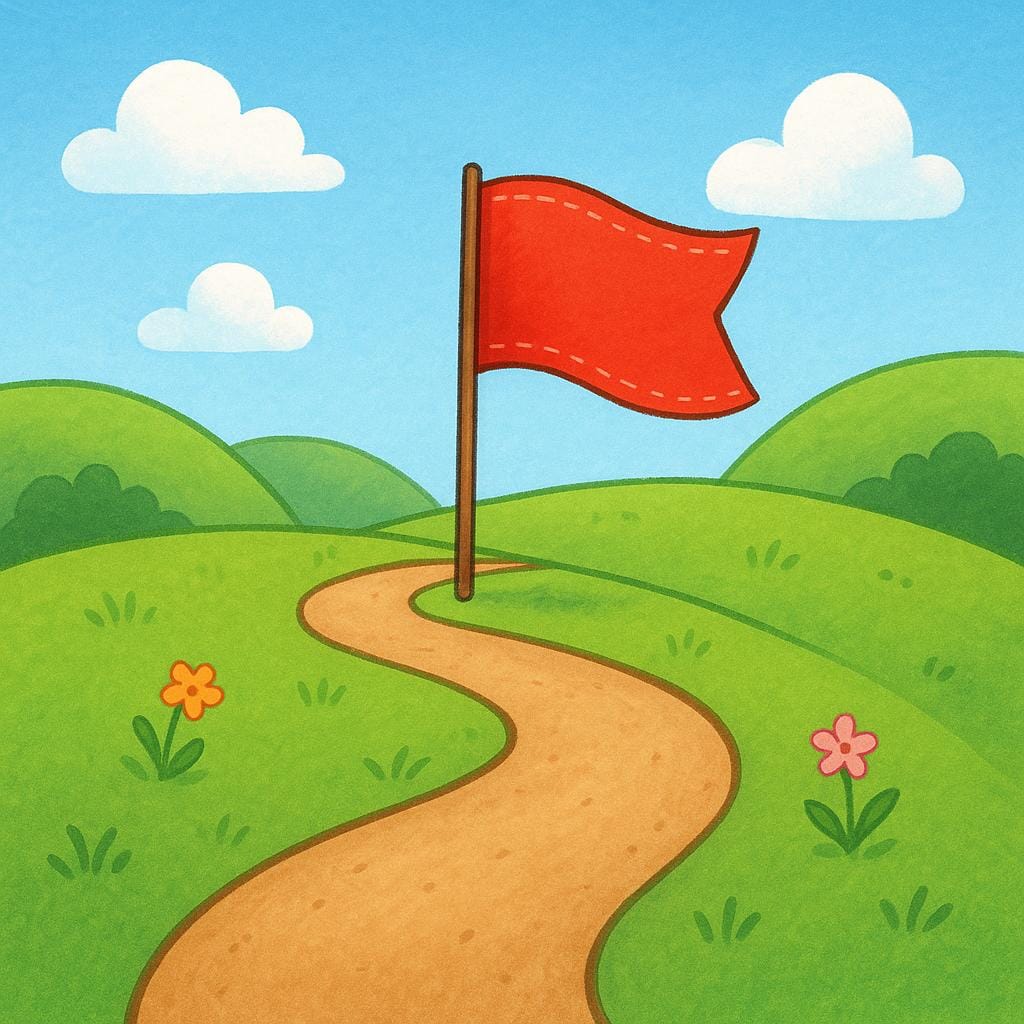Een kronkelend zandpad stopt abrupt waar een grote rode vlag in de grond is geplant, wat een eindpunt of conclusie symboliseert.