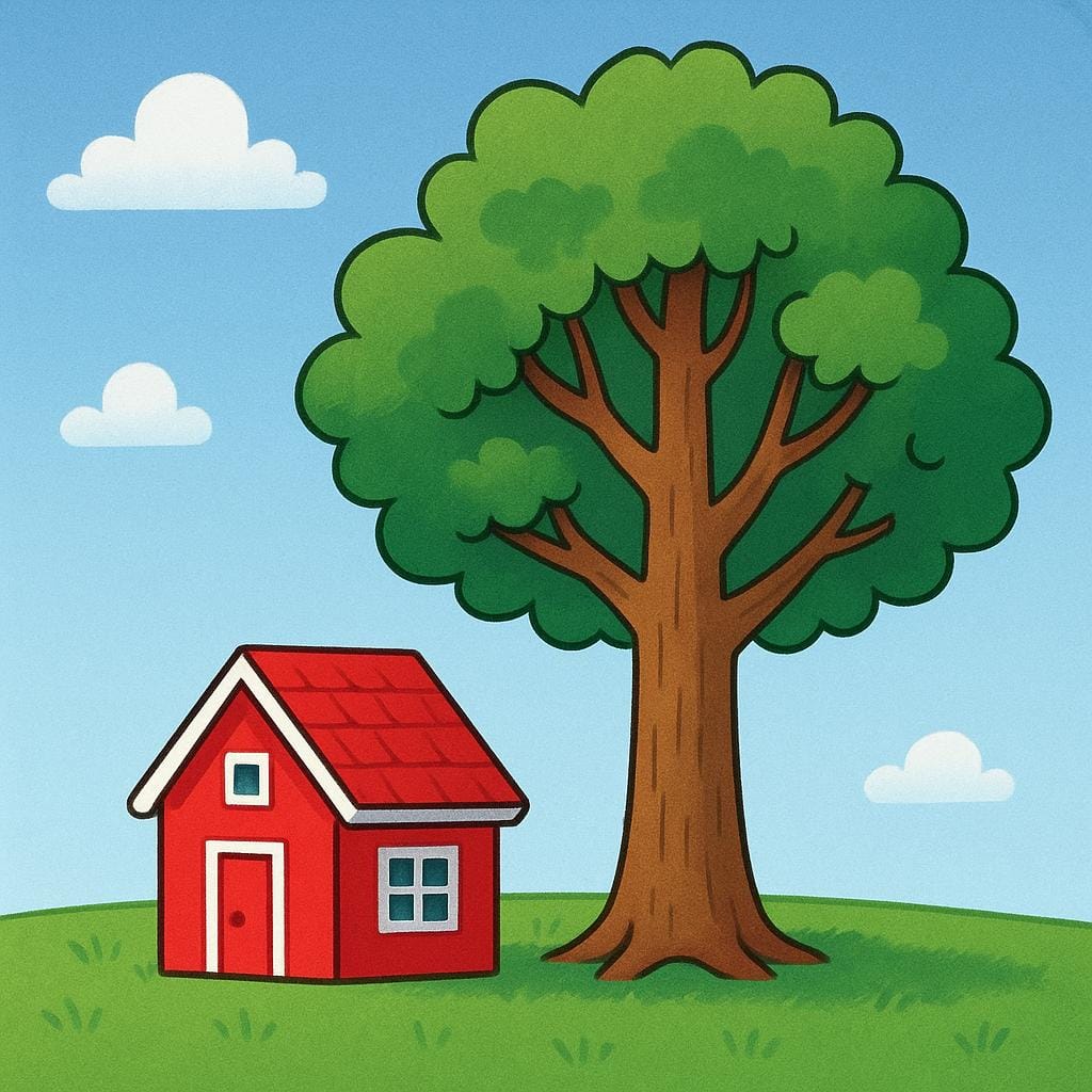 A red toy house situated right next to a large oak tree, illustrating a physical location.