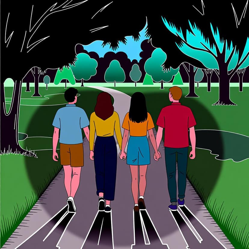 A group of friends walking together on a path towards a sunny park, representing the action of 'we are going'.