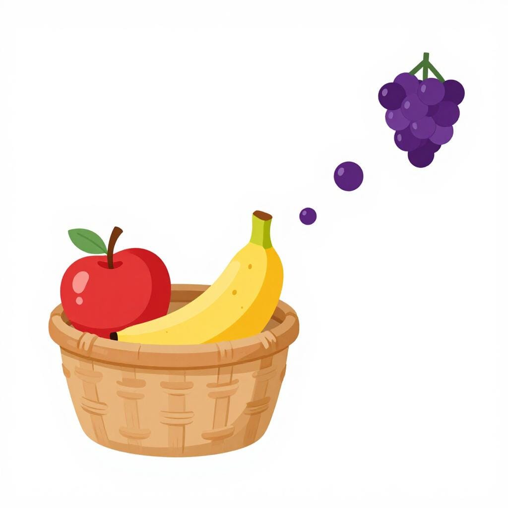 A colorful fruit basket showing an apple, a banana, and a grape, with a trail of sparkling dots leading away to suggest more items.