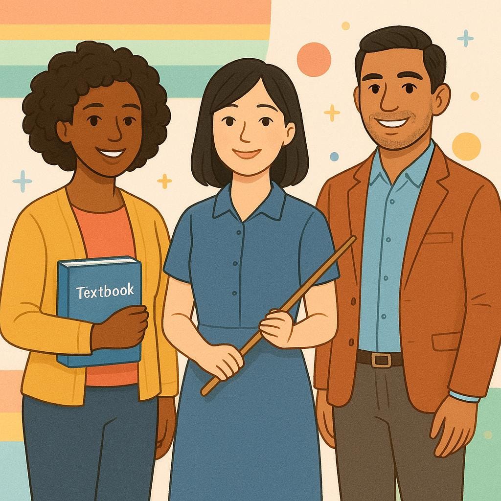 A group illustration featuring three diverse adults—two women and one man—who are clearly identified as teachers. They are standing near a colorful chalkboard, holding educational items like a textbook and a pointer, smiling warmly.